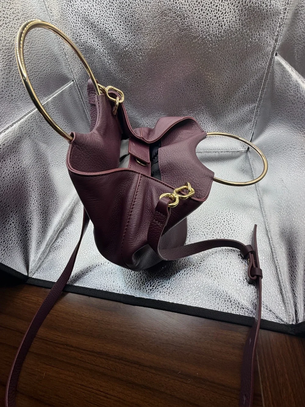 Thacker New York Bonnie O gold handle bucket Crossbody Purse burgundy Leather